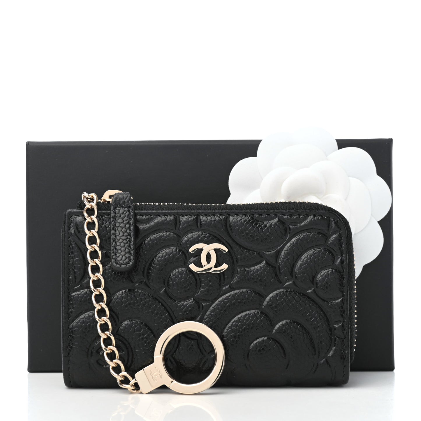 Caviar Camellia Embossed Key Holder Case Black