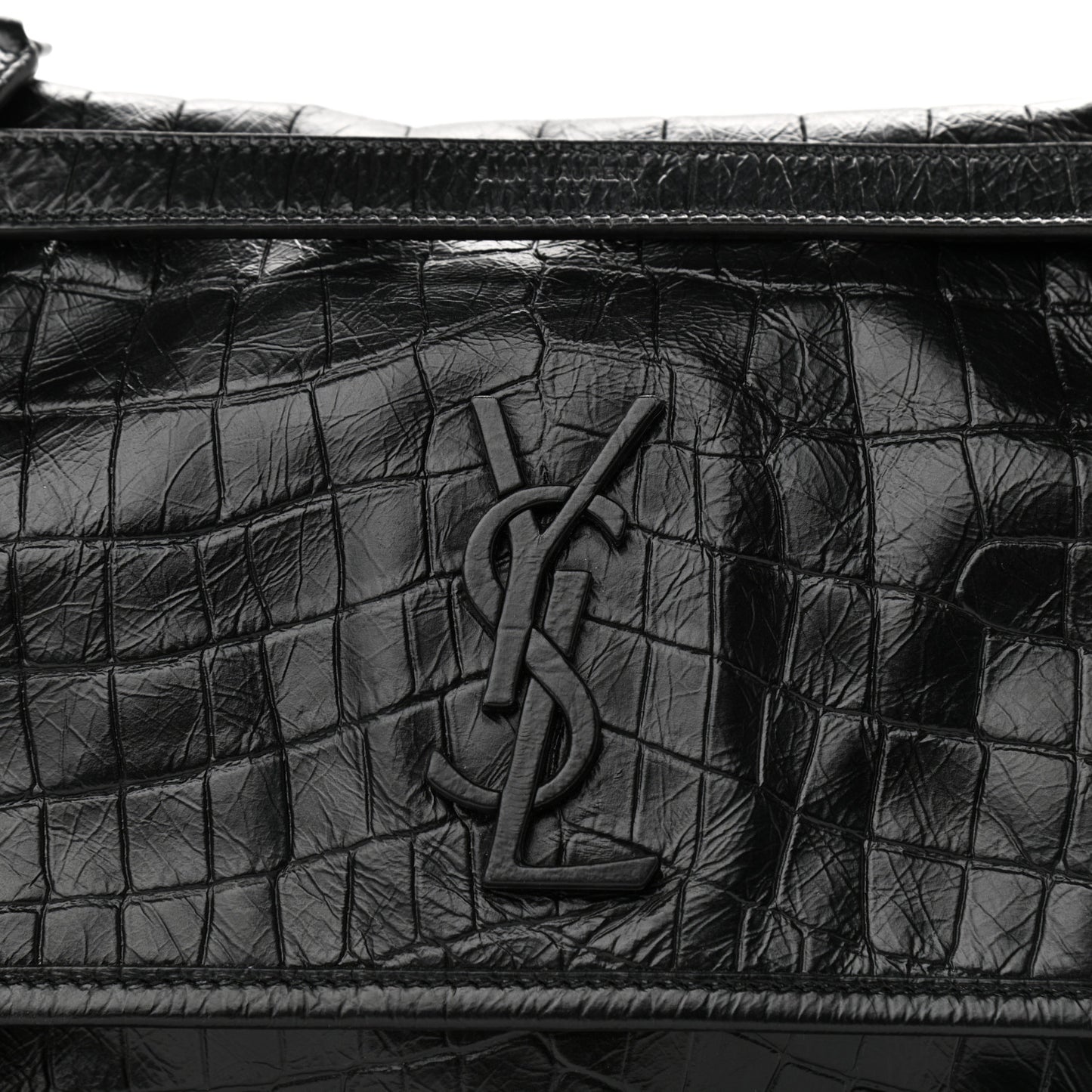 Crocodile Embossed Lambskin Monogram Medium Niki Chain Satchel Black