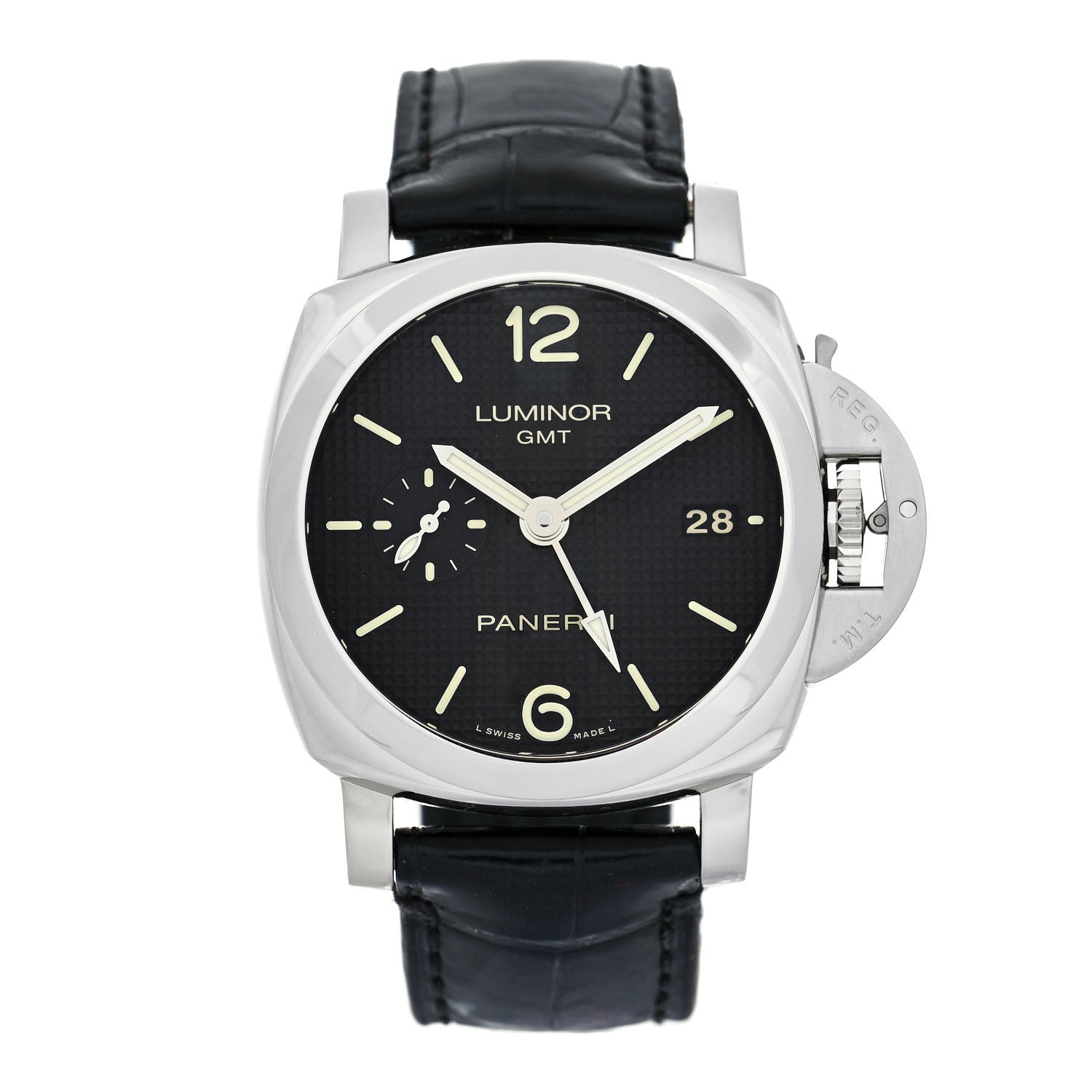 Panerai Stainless Steel Alligator 42mm Luminor 1950 3 Day GMT Automatic Watch Black PAM00535 1 of 5