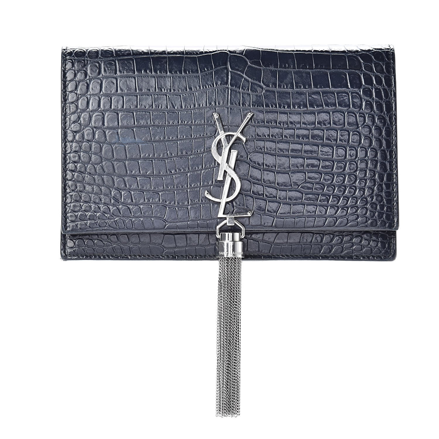 Mansur Gavriel Calfskin Crocodile Embossed Kate Monogram Tassel Chain Wallet Deep Marine 1 of 14