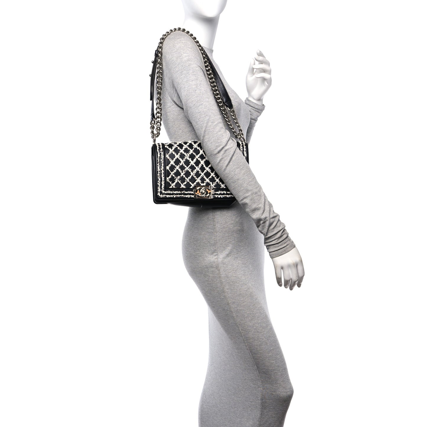 Calfskin Tweed Sequin Stitched Medium Boy Flap Black White