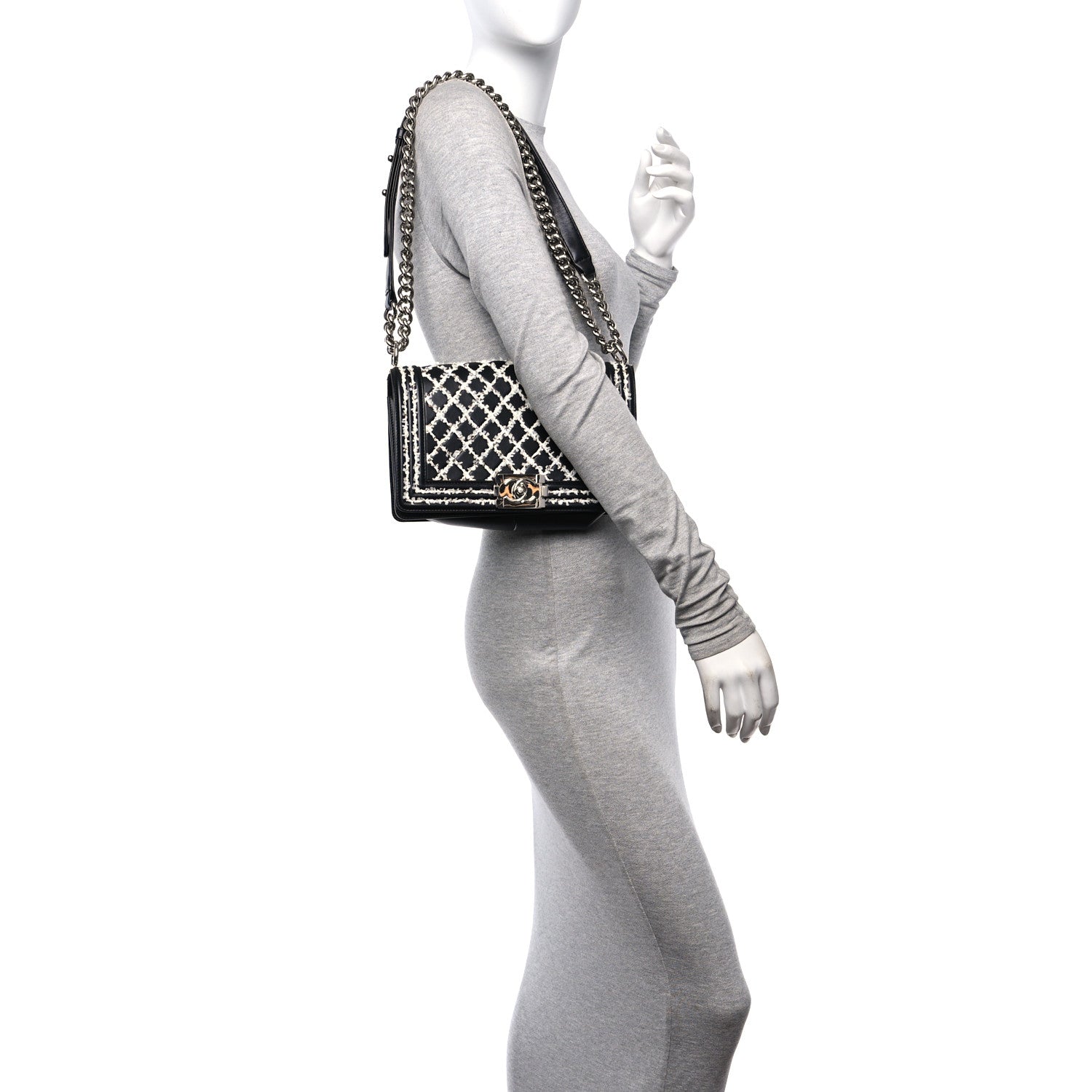 Chanel Calfskin Tweed Sequin Stitched Medium Boy Flap Black White 2 of 10