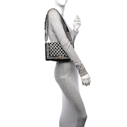 Chanel Calfskin Tweed Sequin Stitched Medium Boy Flap Black White 2 of 10
