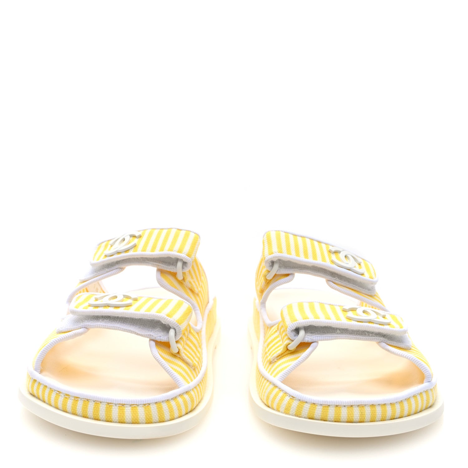 Chanel Printed Calfskin Velcro Dad Flat Mules 38 White Yellow 3 of 9