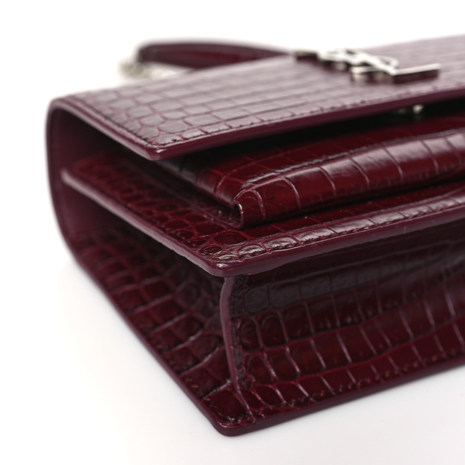 Saint Laurent Calfskin Crocodile Embossed Monogram Sunset Chain Wallet Rouge Legion 9 of 12