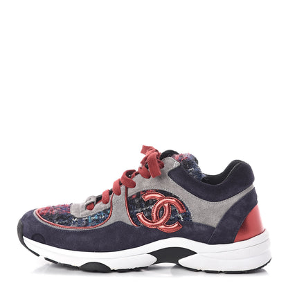 Chanel Tweed Suede Calfskin Womens CC Sneakers 38 Grey Red Navy 1 of 7