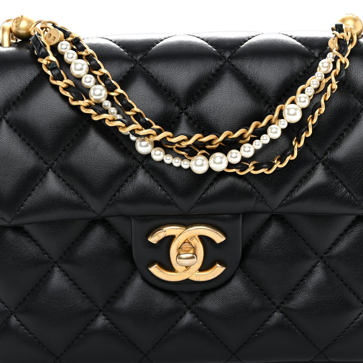 Shiny Lambskin Quilted Pearl Twist Mini Square Flap Black
