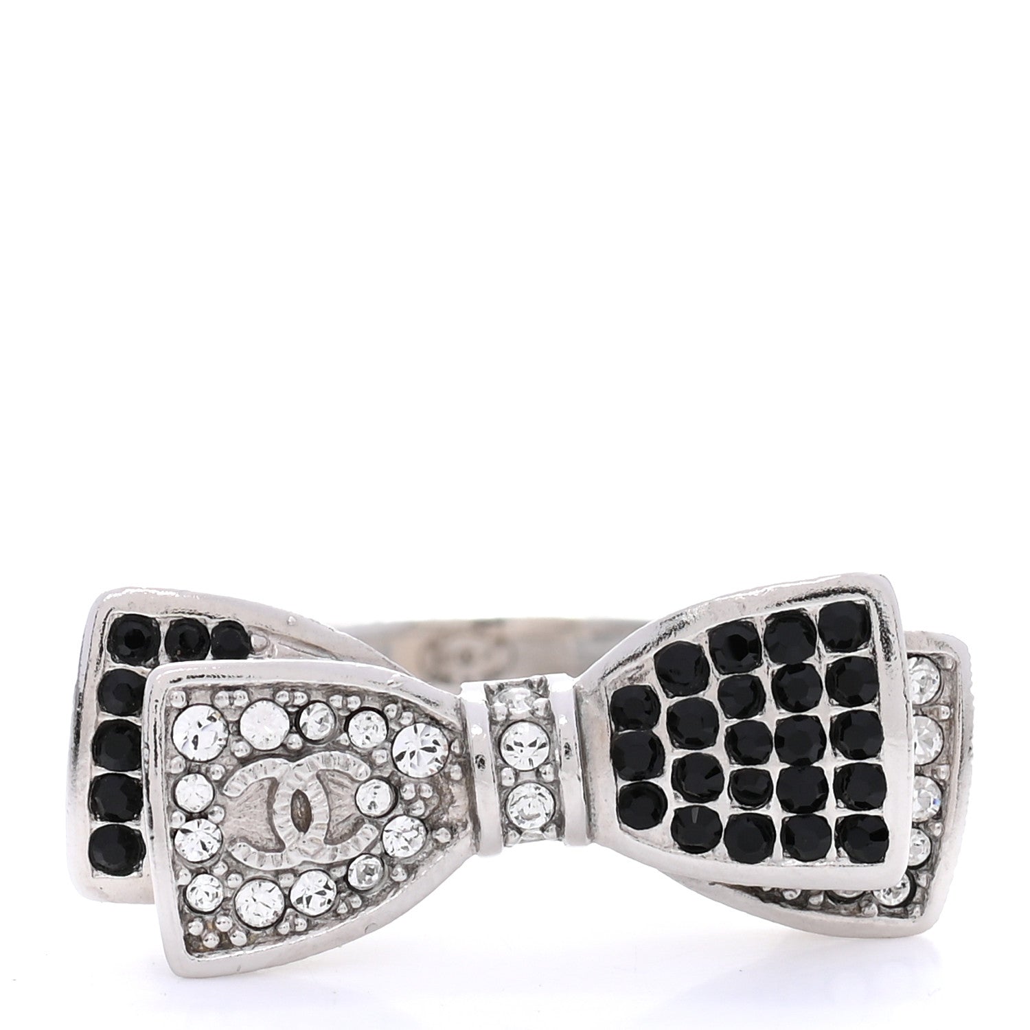 Chanel Crystal CC Bow Ring 7 Black Silver 1 of 4