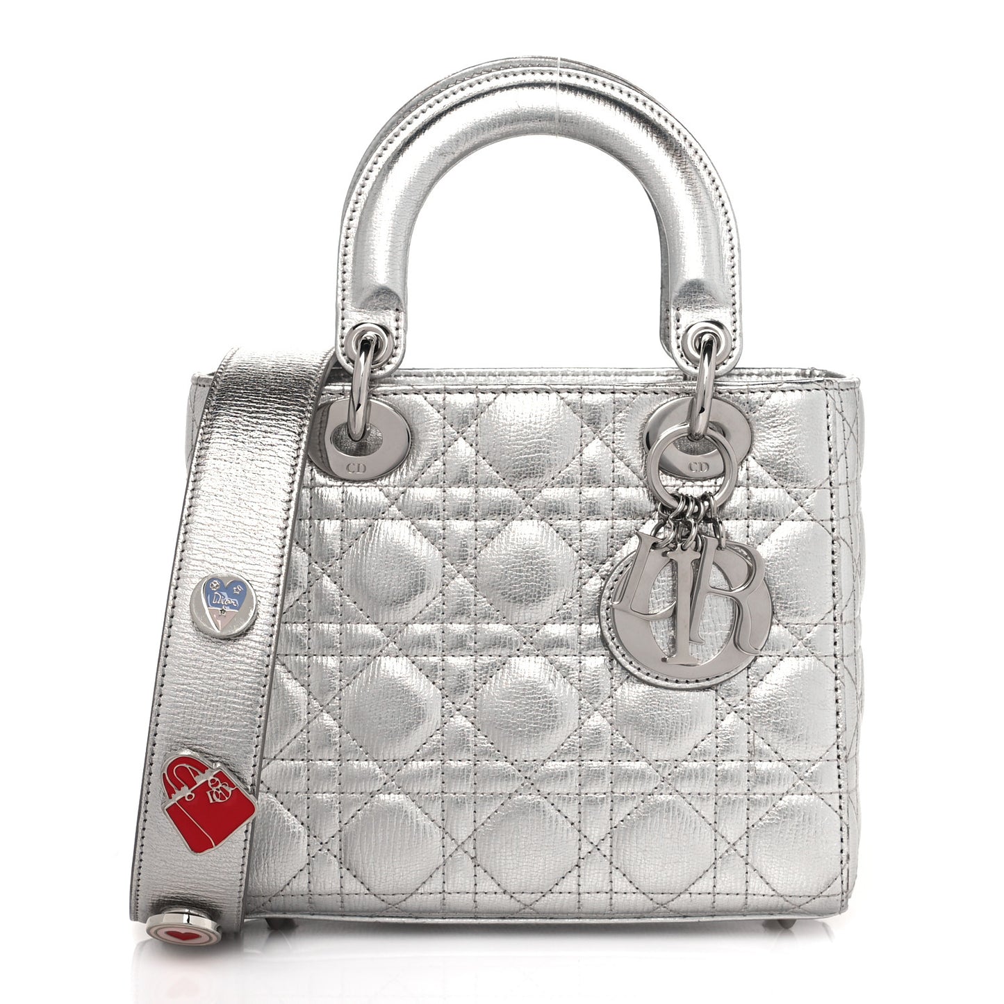 Metallic Grained Calfskin Cannage Small Lucky Badges My Lady Dior Silver