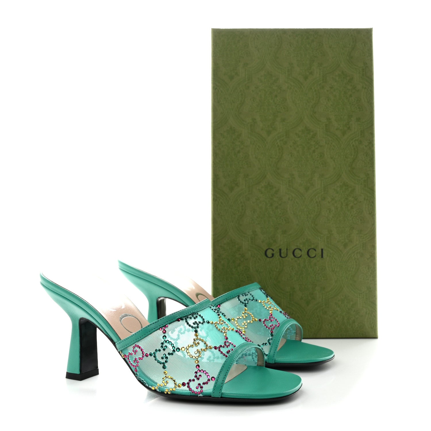 Gucci Tela Retino Nappa Crystal GG Monogram Square G 95mm Slide Sandals 37 Turquoise 8 of 8