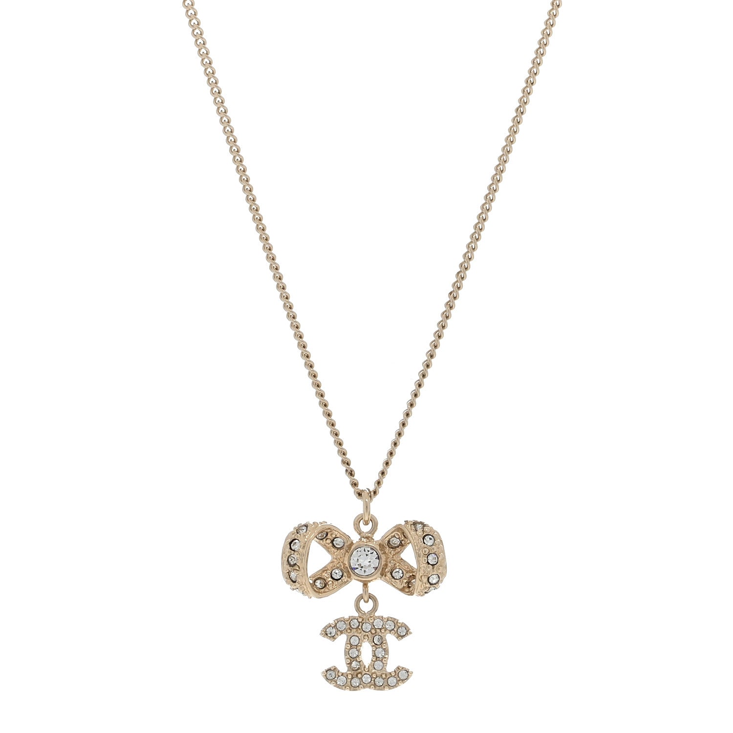 Chanel Metal Crystal CC Bow Drop Necklace Gold 1 of 3