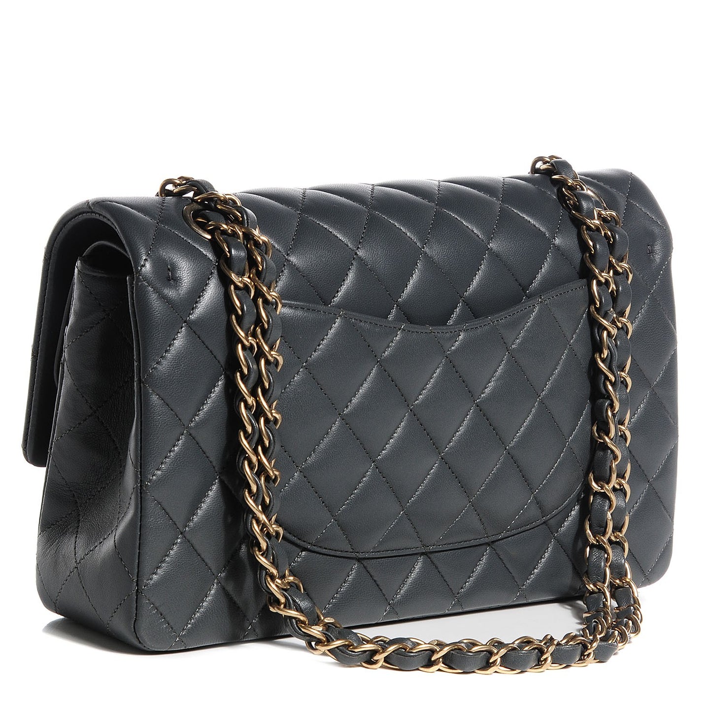 Lambskin Quilted Medium Double Flap Charcoal Grey