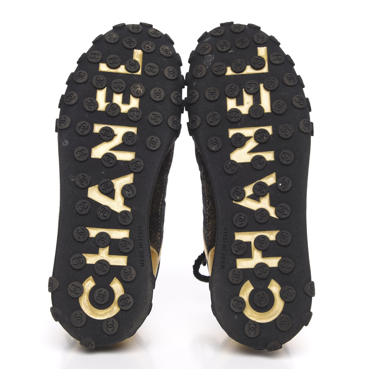 Chanel Metallic Lambskin Satin Finish Womens CC Sneakers 37 Black Gold 5 of 10