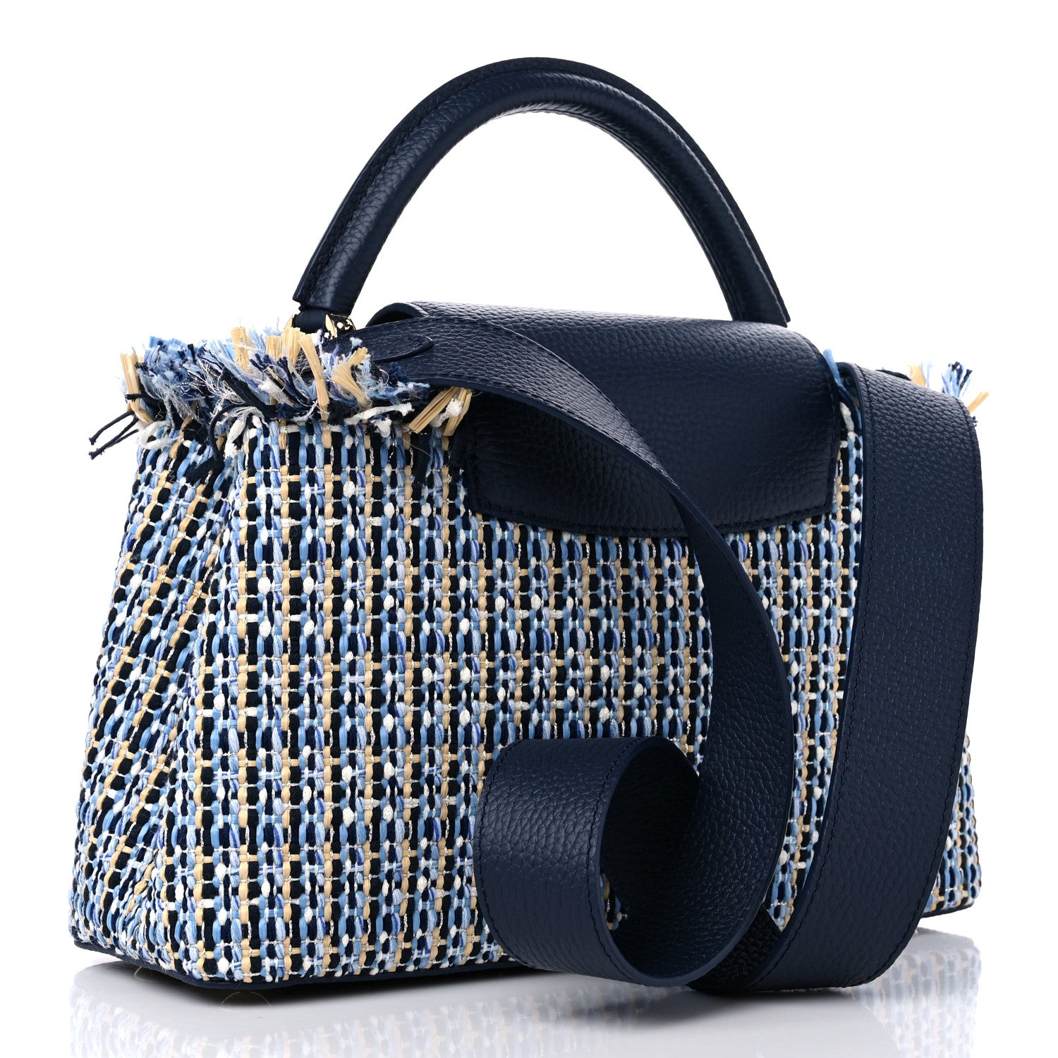 Louis Vuitton Tweed Raffia Calfskin Capucines MM Multicolor Navy