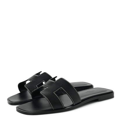 Hermes Box Calfskin Oran Sandals 37 Black 3 of 7