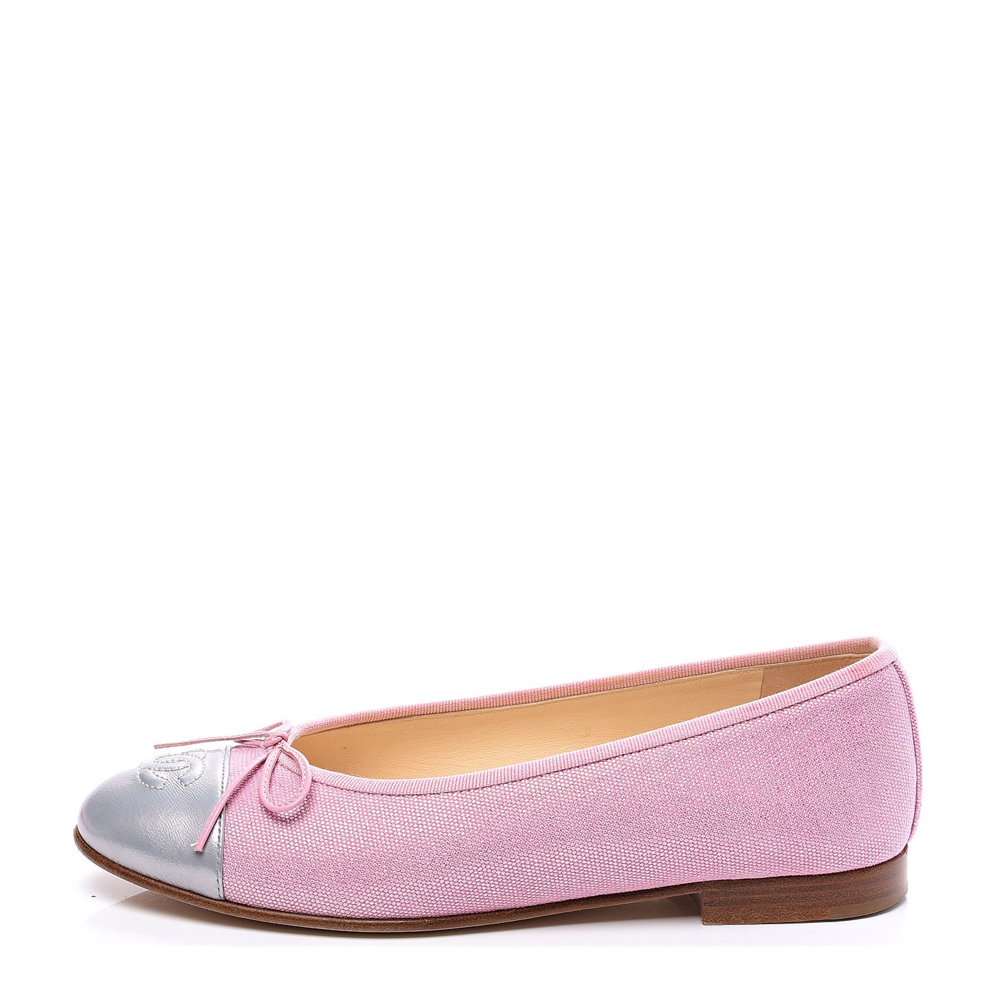 Iridescent Fabric Lambskin Cap Toe Ballerina Flats 37.5 Pink Light Grey
