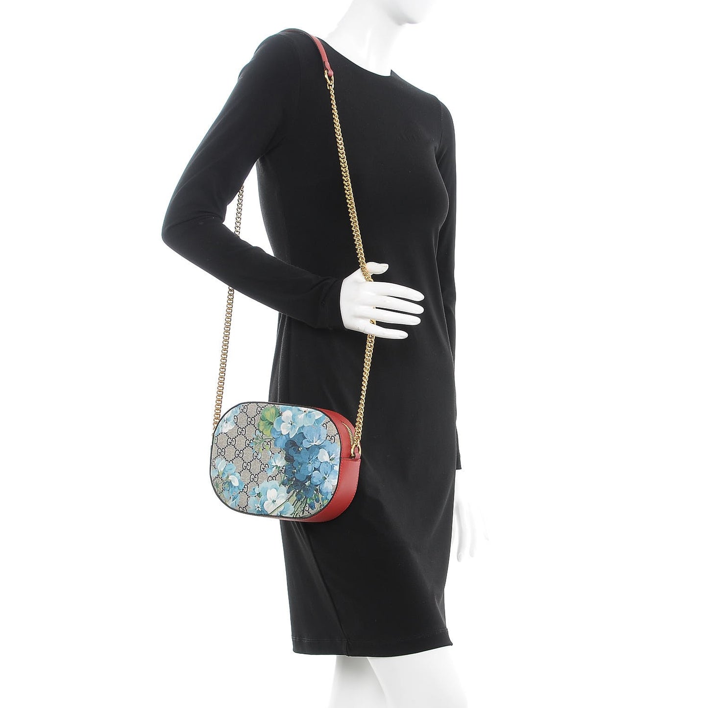 GG Supreme Monogram Blooms Mini Chain Shoulder Bag Beige Blue Navy Hibiscus Red
