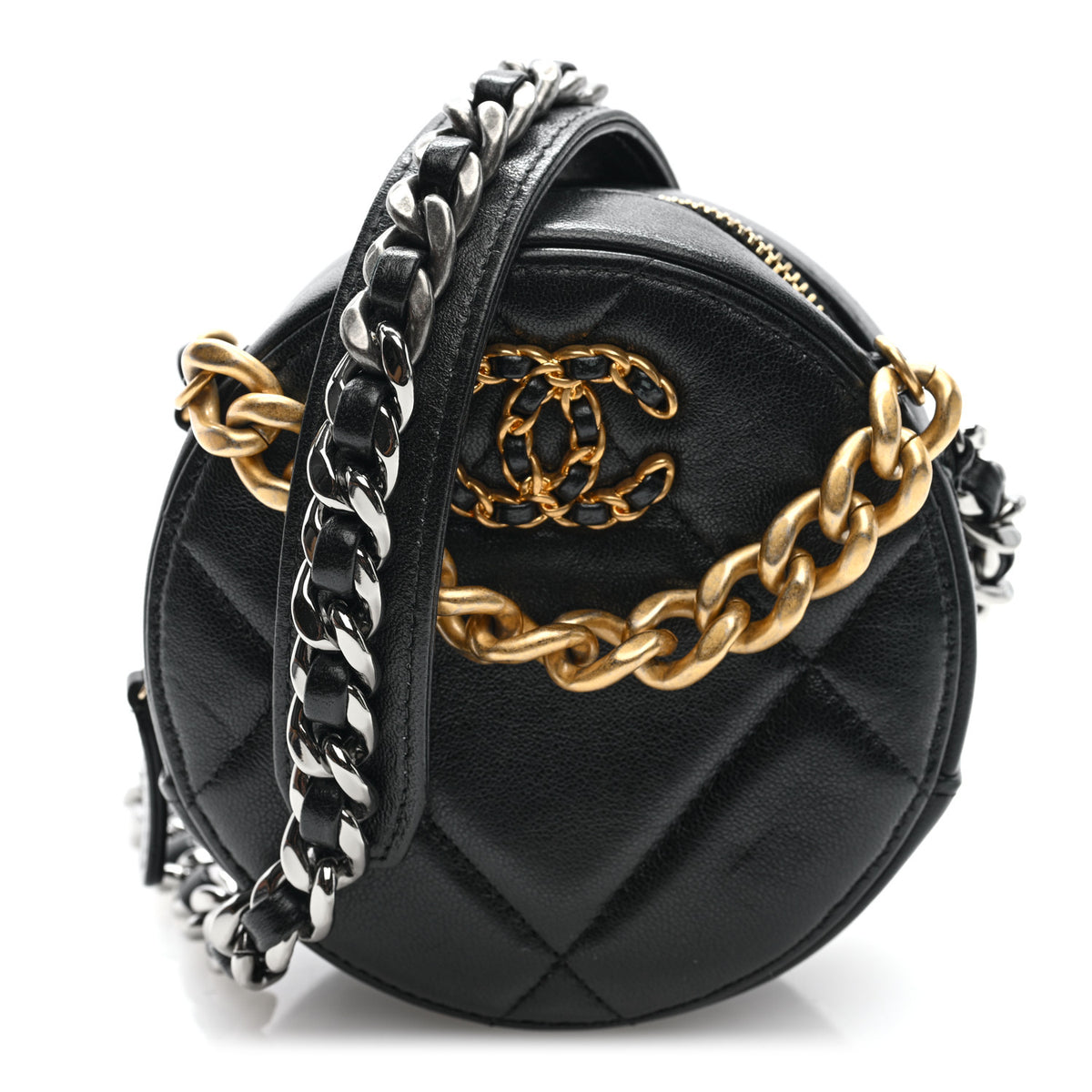 Chanel Lambskin Quilted Chanel 19 Round Clutch With Chain Black 1 of 10