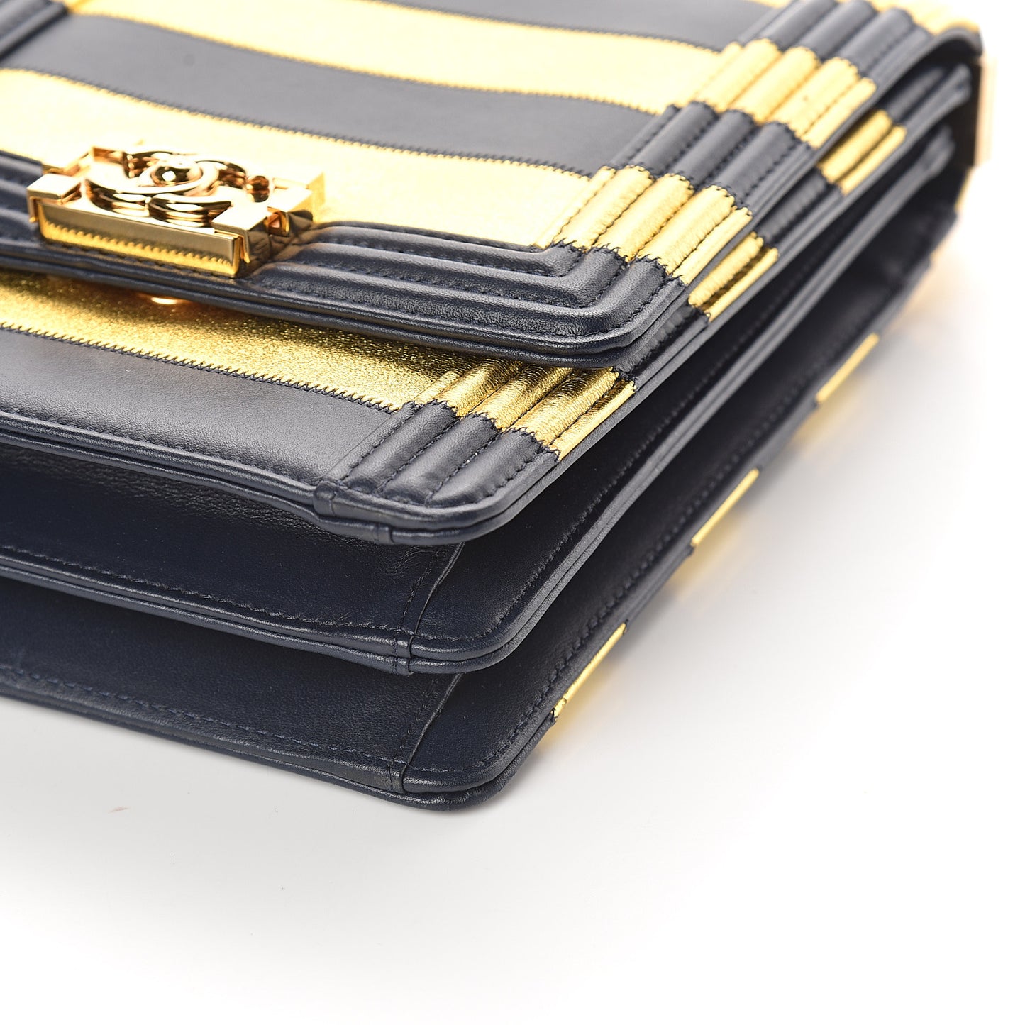 Metallic Lambskin Striped North South Boy Flap Navy Gold
