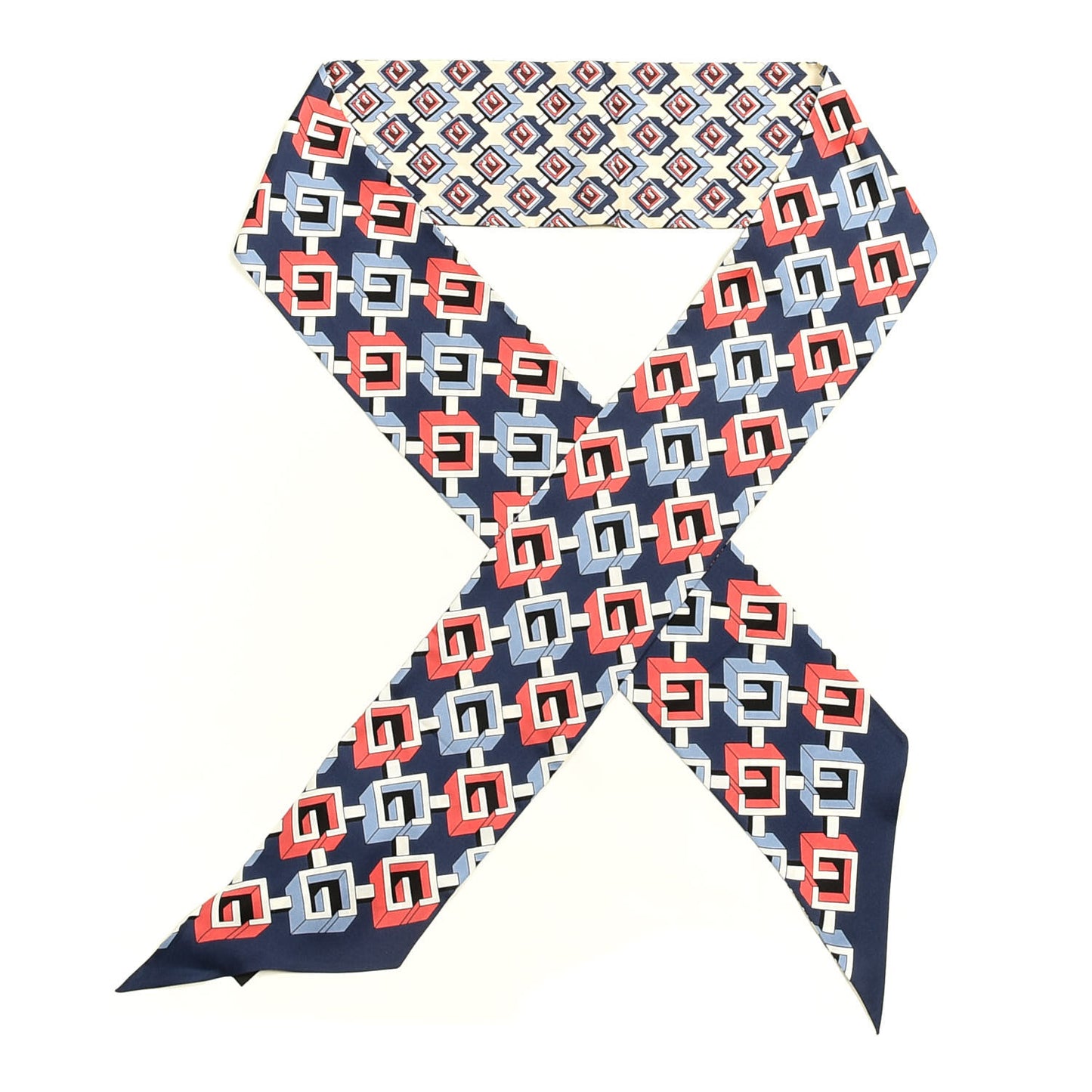 Silk Twill Isometric G Neck Bow Scarf Midnight Blue Ivory