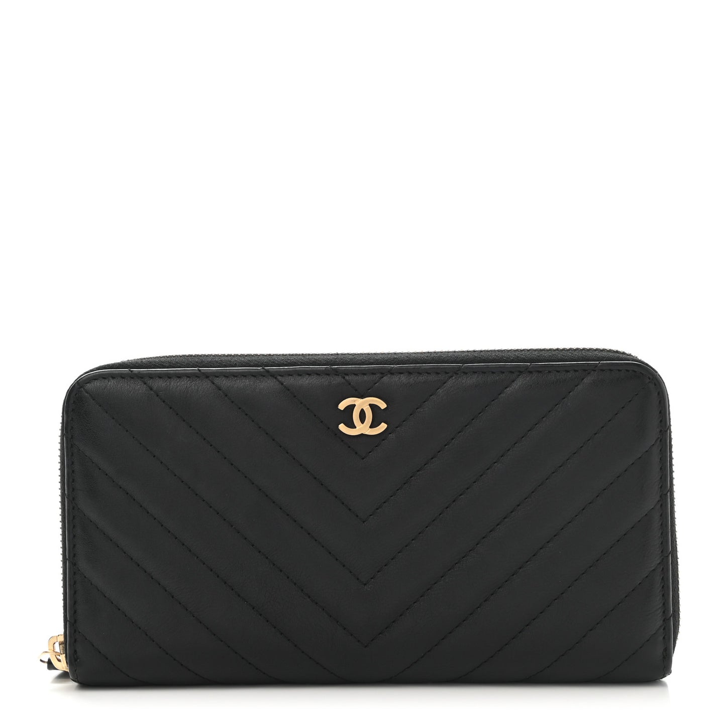Calfskin Chevron Quilted Zip Around Wallet Black