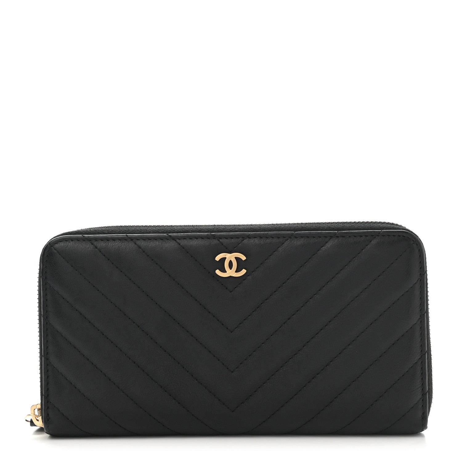 Chanel Calfskin Chevron Quilted Zip Around Wallet Black 1 of 10