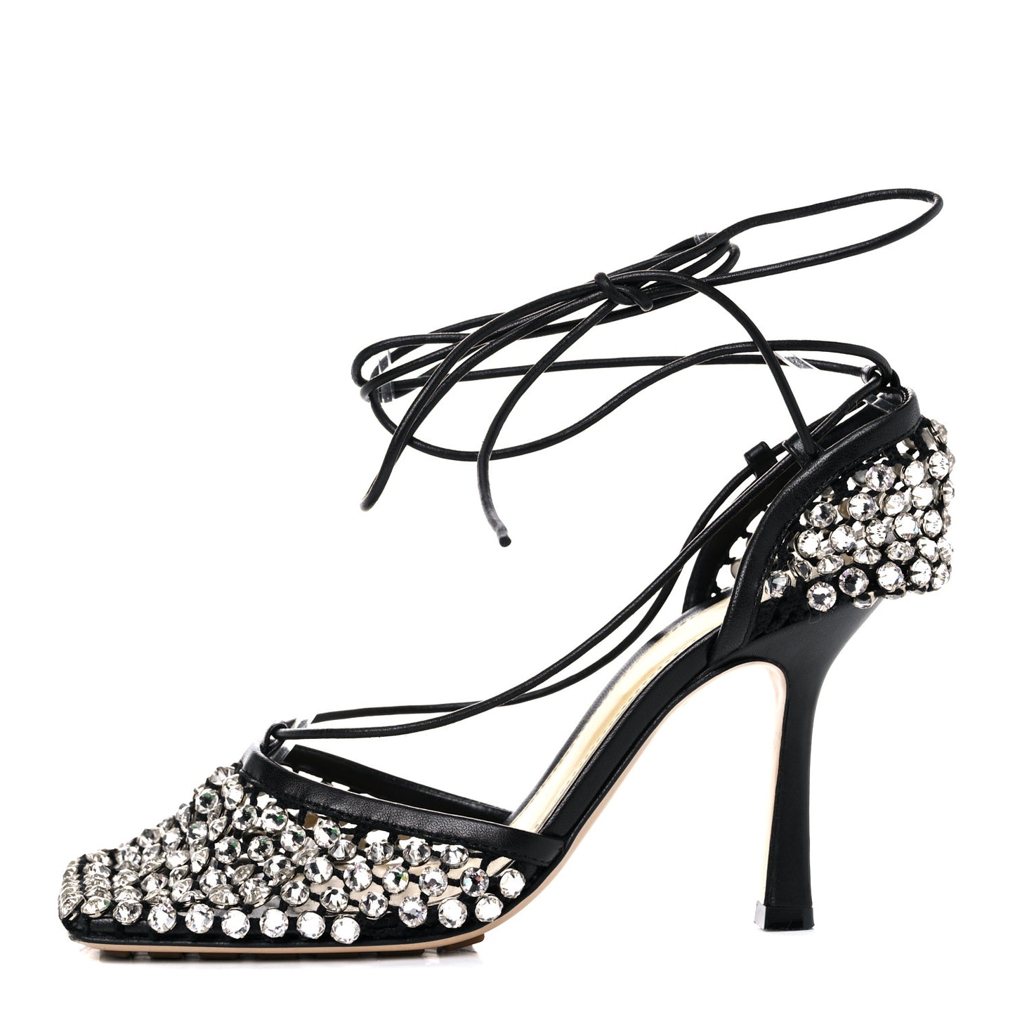 Mesh Nappa Crystal Embellished Sparkle Stretch Ankle Tie Sandals 36 Black