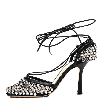 Bottega Veneta Mesh Nappa Crystal Embellished Sparkle Stretch Ankle Tie Sandals 36 Black 1 of 10