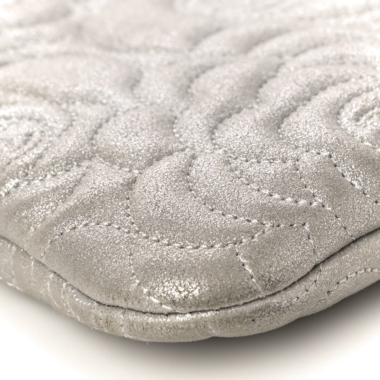 Goatskin Camellia Stitched Medium Cosmetic Case Silver