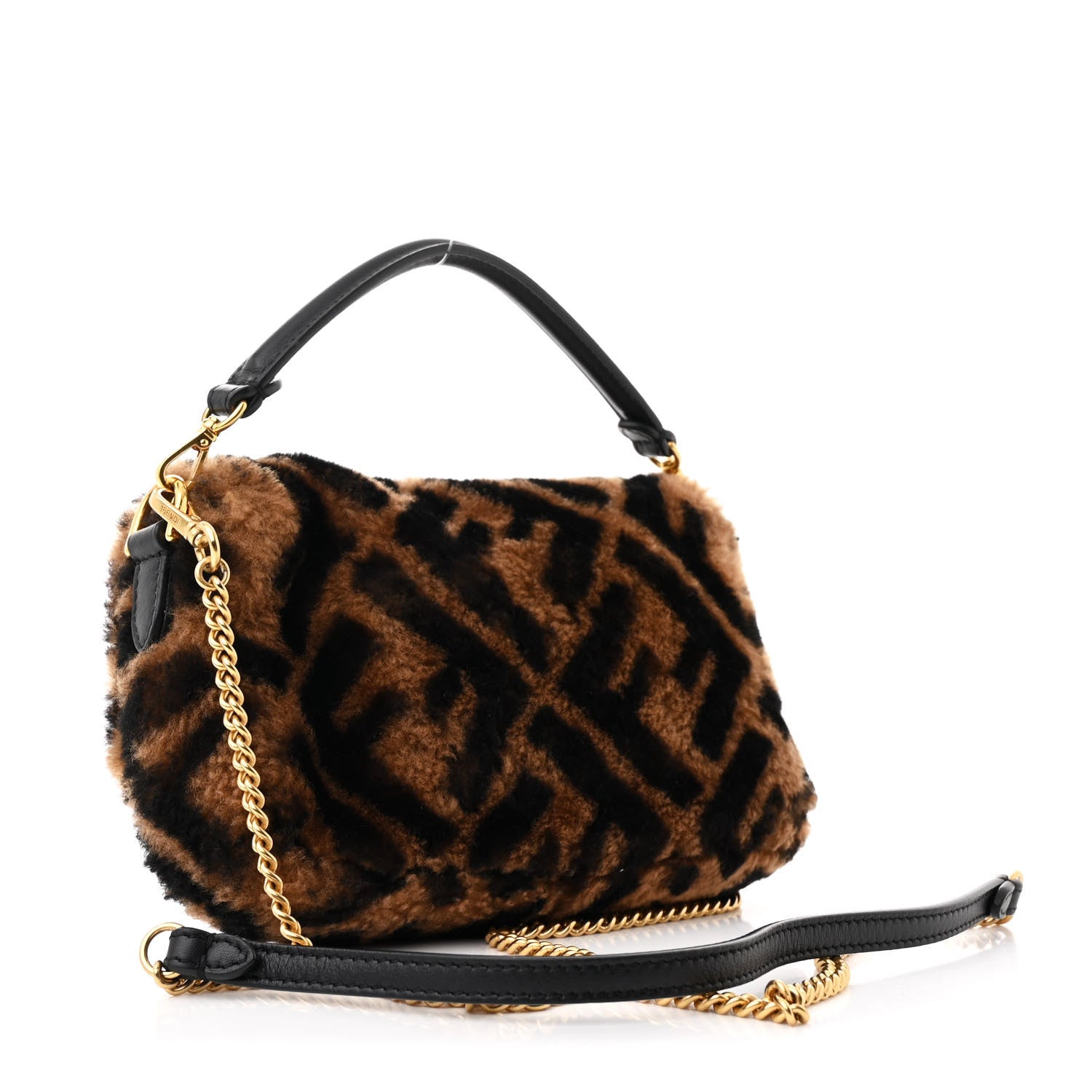 Fendi Shearling Vitello Dolce Macro FF 1974 Mini Baguette Tobacco Black 3 of 10