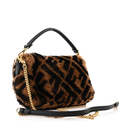 Fendi Shearling Vitello Dolce Macro FF 1974 Mini Baguette Tobacco Black 3 of 10