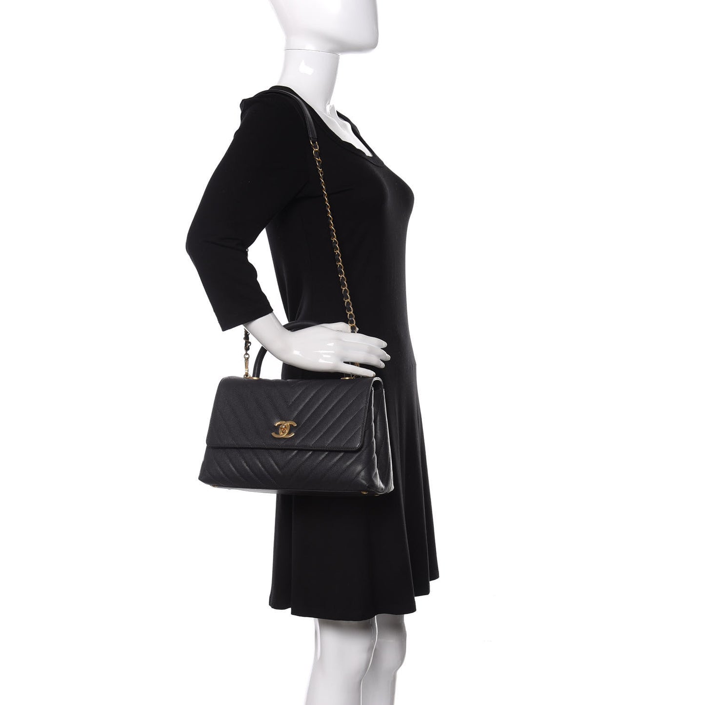 Caviar Chevron Quilted Small Coco Handle Flap Dark Grey