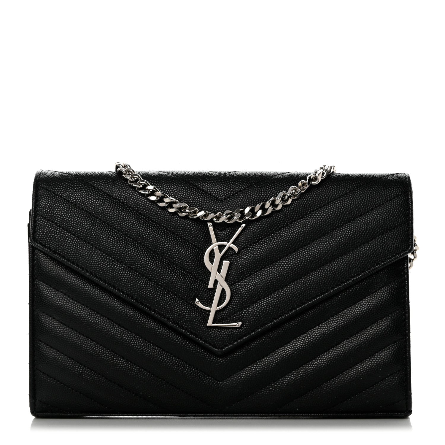 Saint Laurent Grain De Poudre Matelasse Chevron Monogram Chain Wallet Black 1 of 9