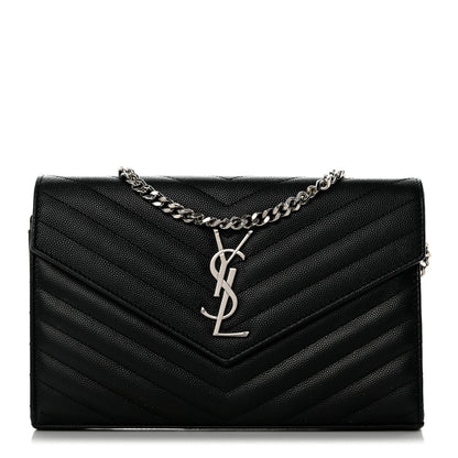 Saint Laurent Grain De Poudre Matelasse Chevron Monogram Chain Wallet Black 1 of 9