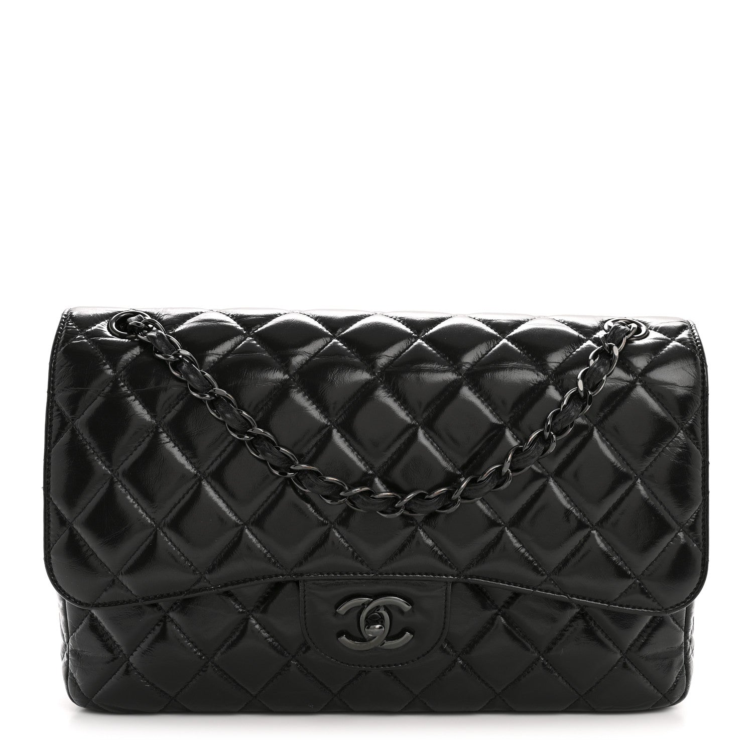 Chanel Shiny Crumpled Calfskin Quilted Jumbo Double Flap So Black 1 of 14