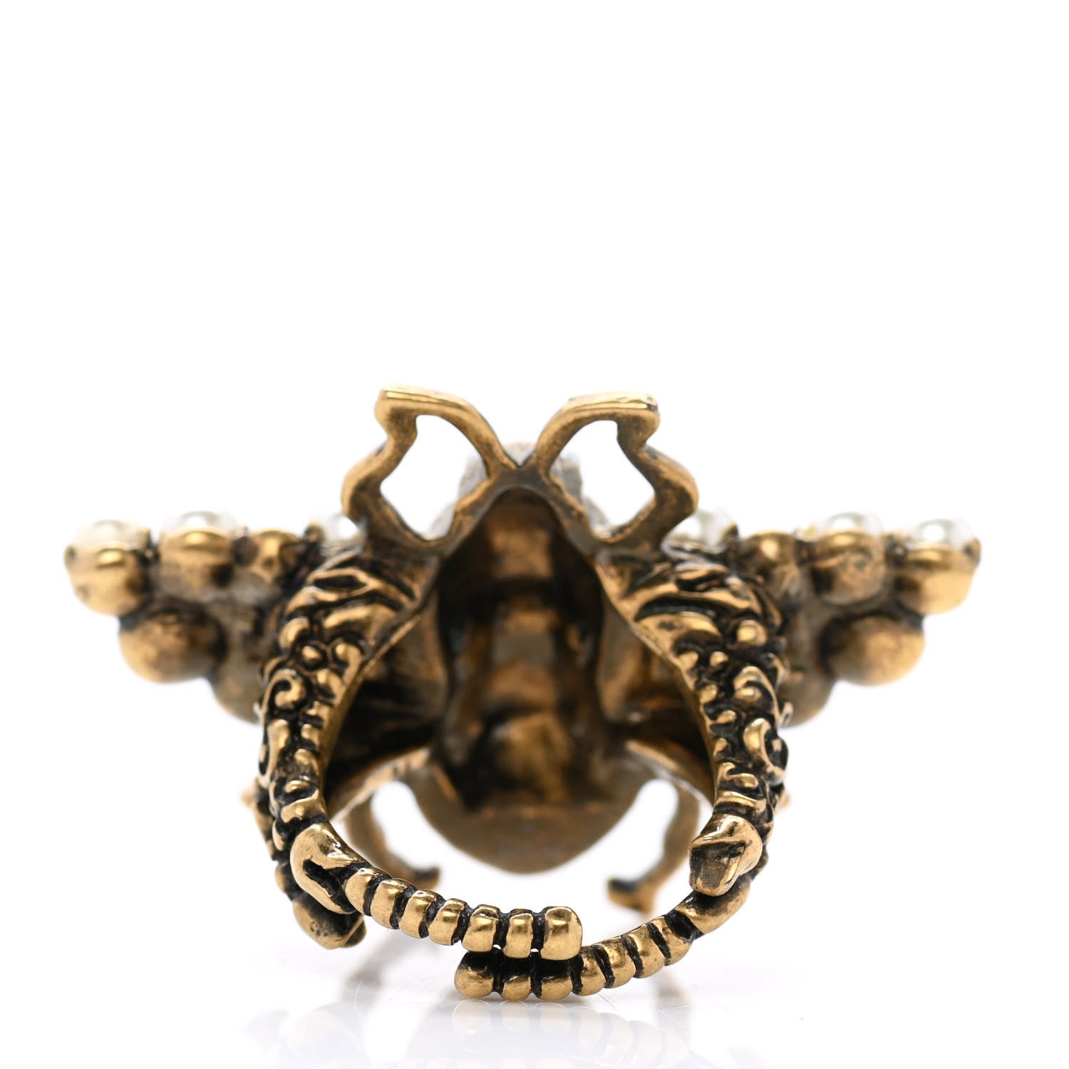 Gucci Metal Crystal Pearl Bee Ring 7.25 Aged Gold 7 of 13