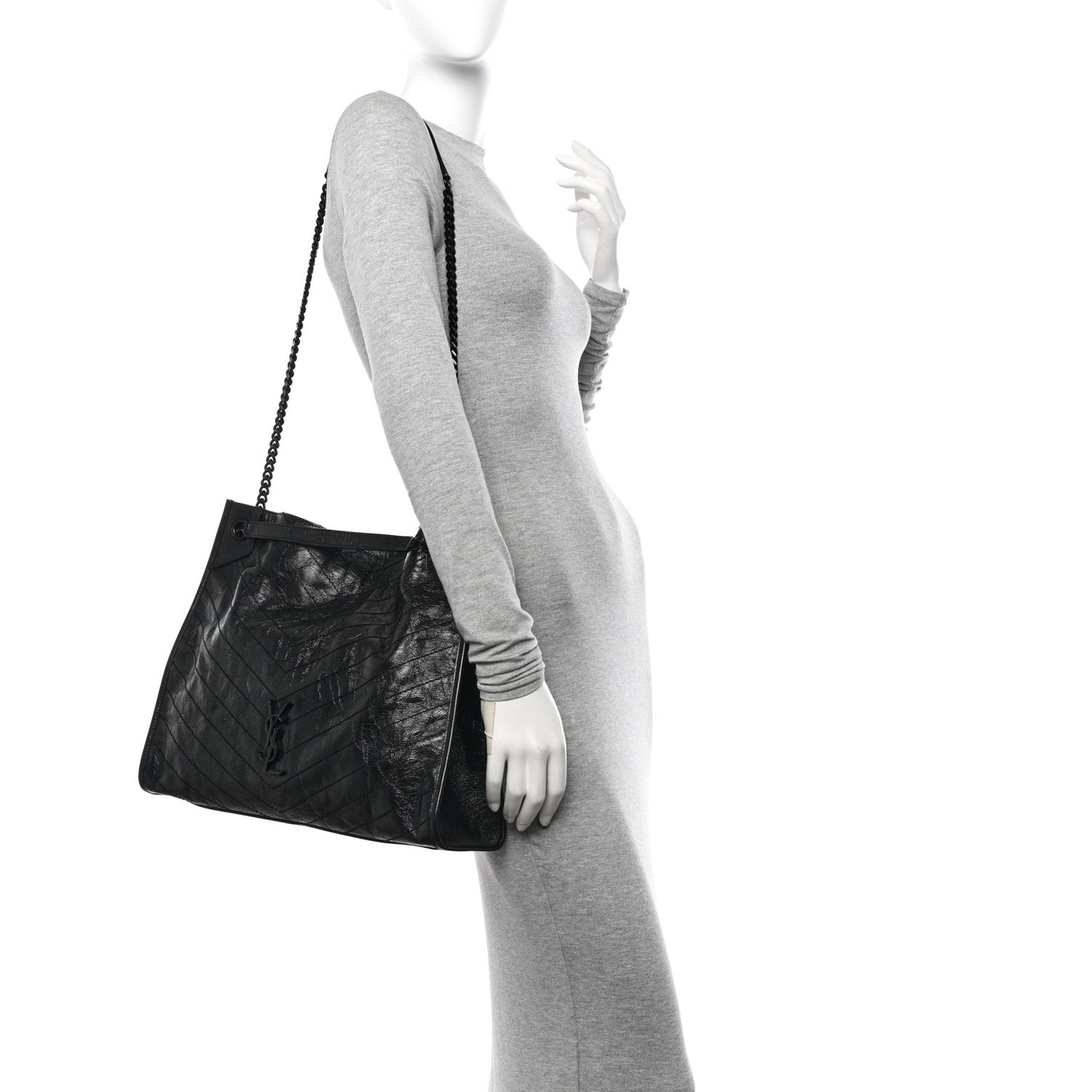 Crinkled Calfskin Matelasse Monogram Large Niki Shopper Tote Black