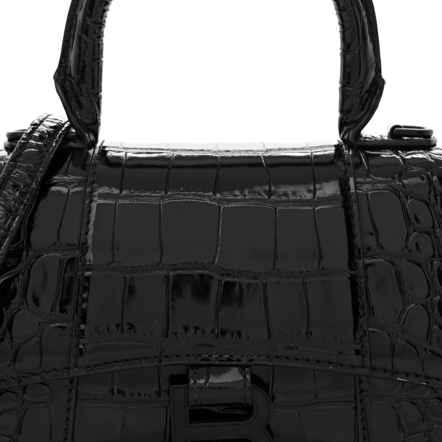 Shiny Calfskin Monochrome Crocodile Embossed Hourglass Top Handle Bag XS Black