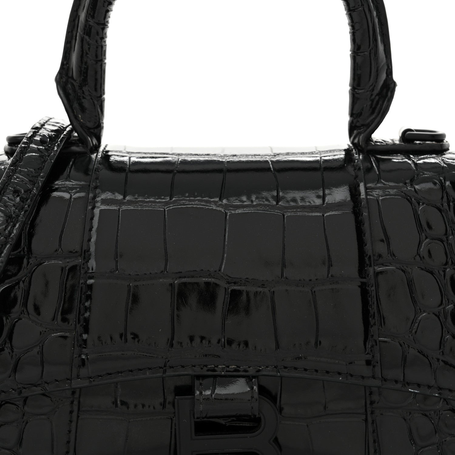 Balenciaga Shiny Calfskin Monochrome Crocodile Embossed Hourglass Top Handle Bag XS Black 10 of 17