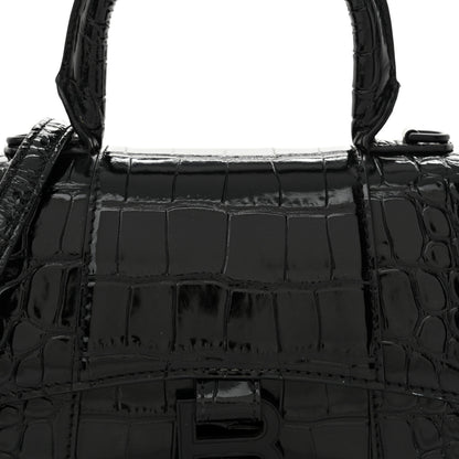 Balenciaga Shiny Calfskin Monochrome Crocodile Embossed Hourglass Top Handle Bag XS Black 10 of 17