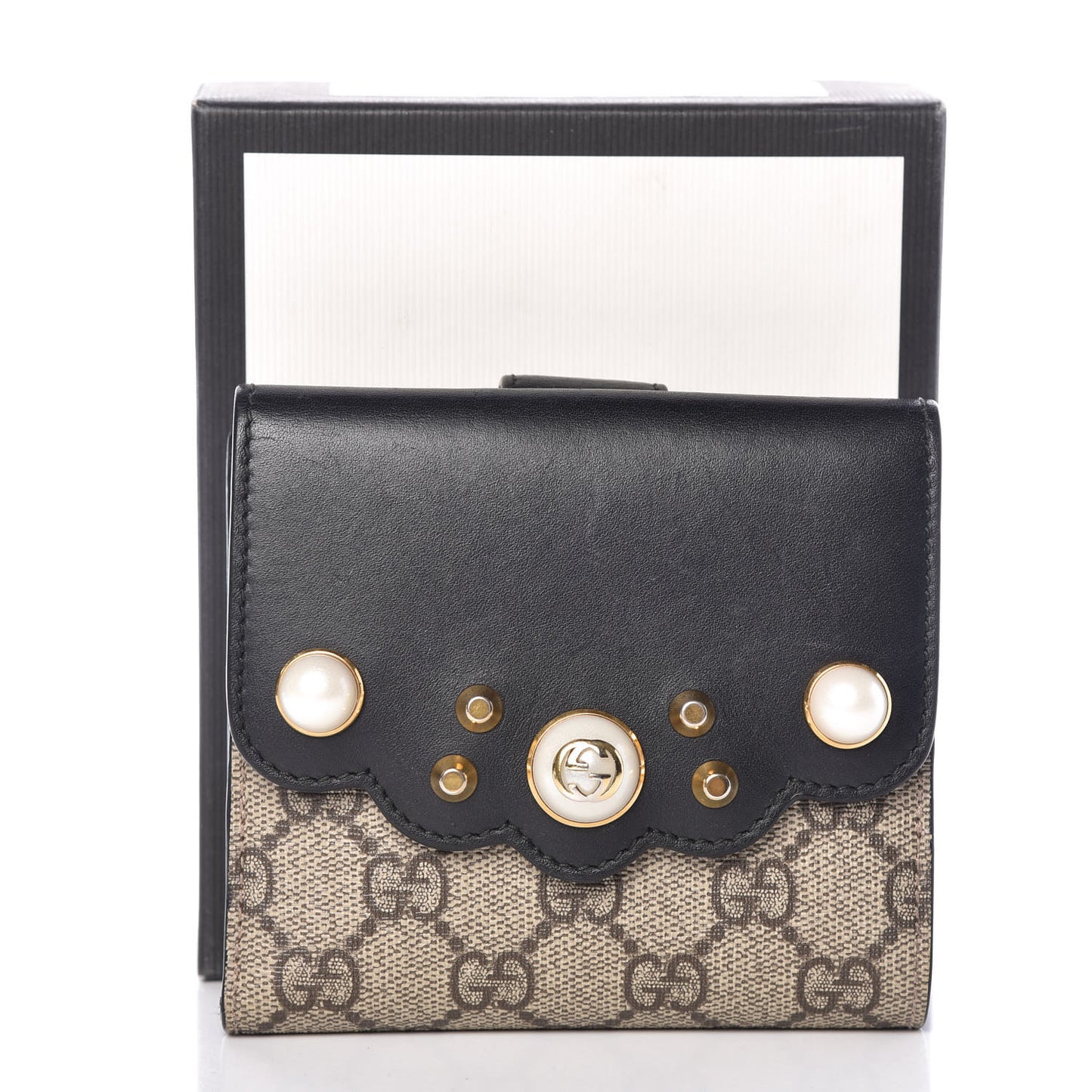 GG Supreme Monogram Pearl Studded French Wallet Black