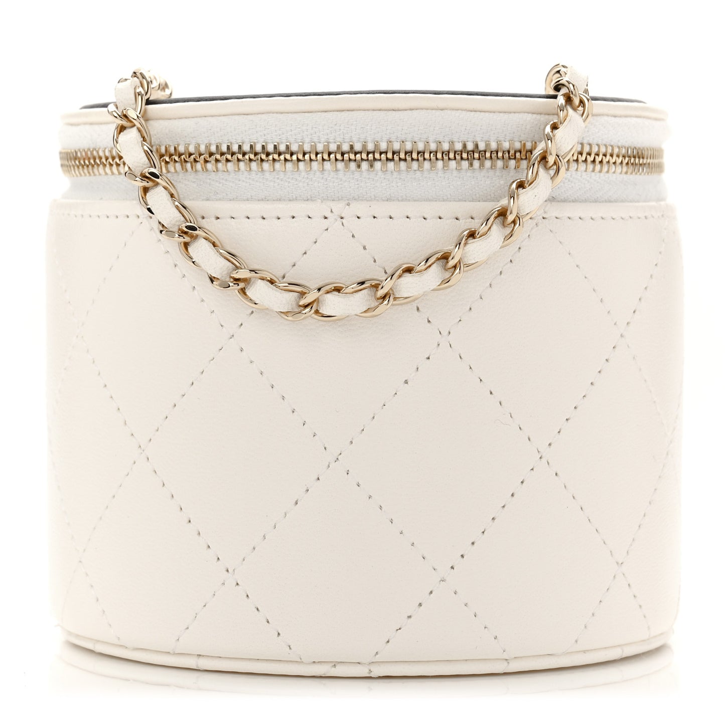 Lambskin Quilted Round Small Vanity Case With Chain White Black