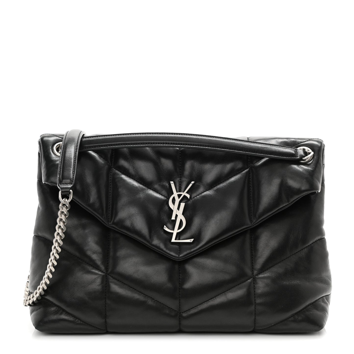 Lambskin Quilted Medium Loulou Puffer Monogram Chain Satchel Black