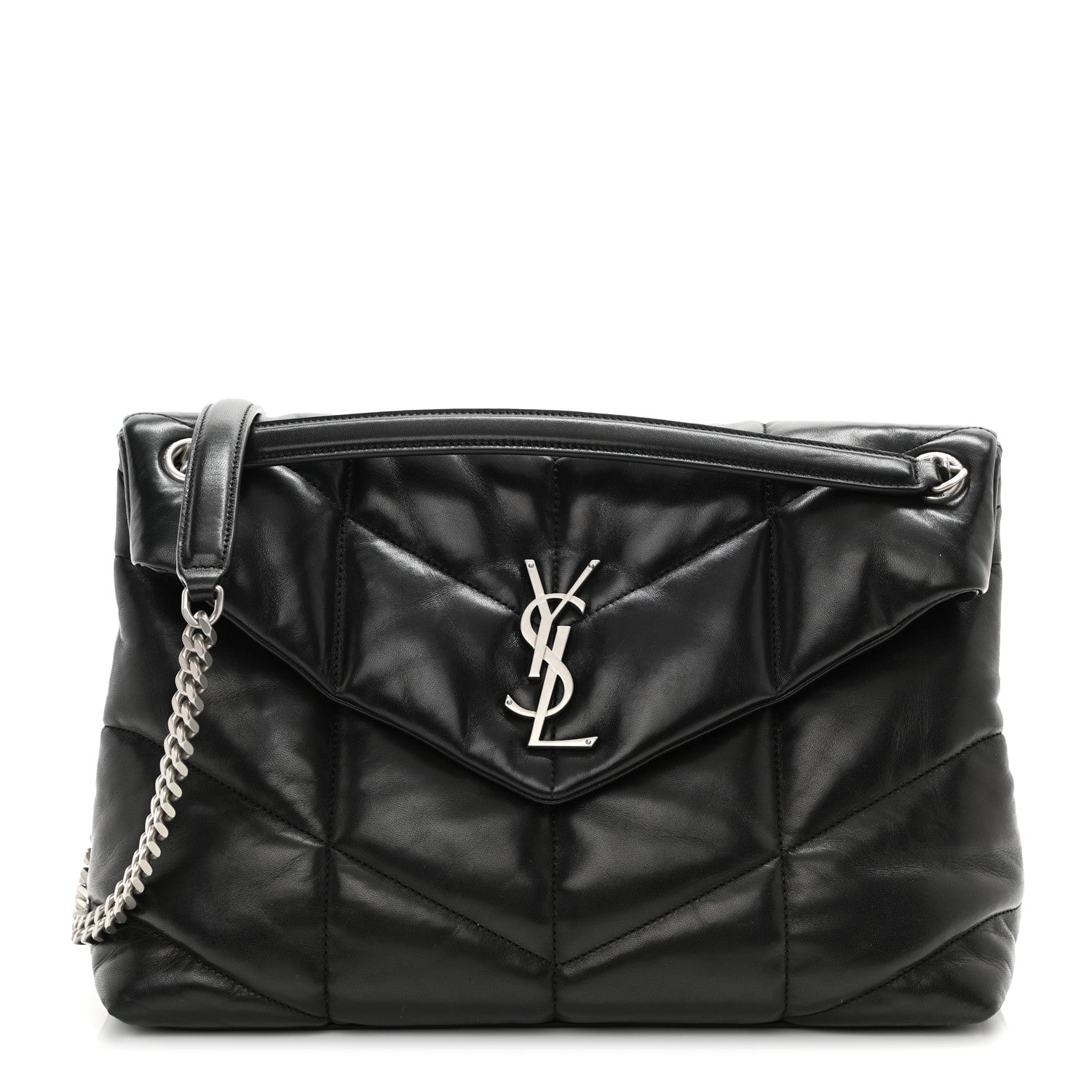 Saint Laurent Lambskin Quilted Medium Loulou Puffer Monogram Chain Satchel Black 1 of 8