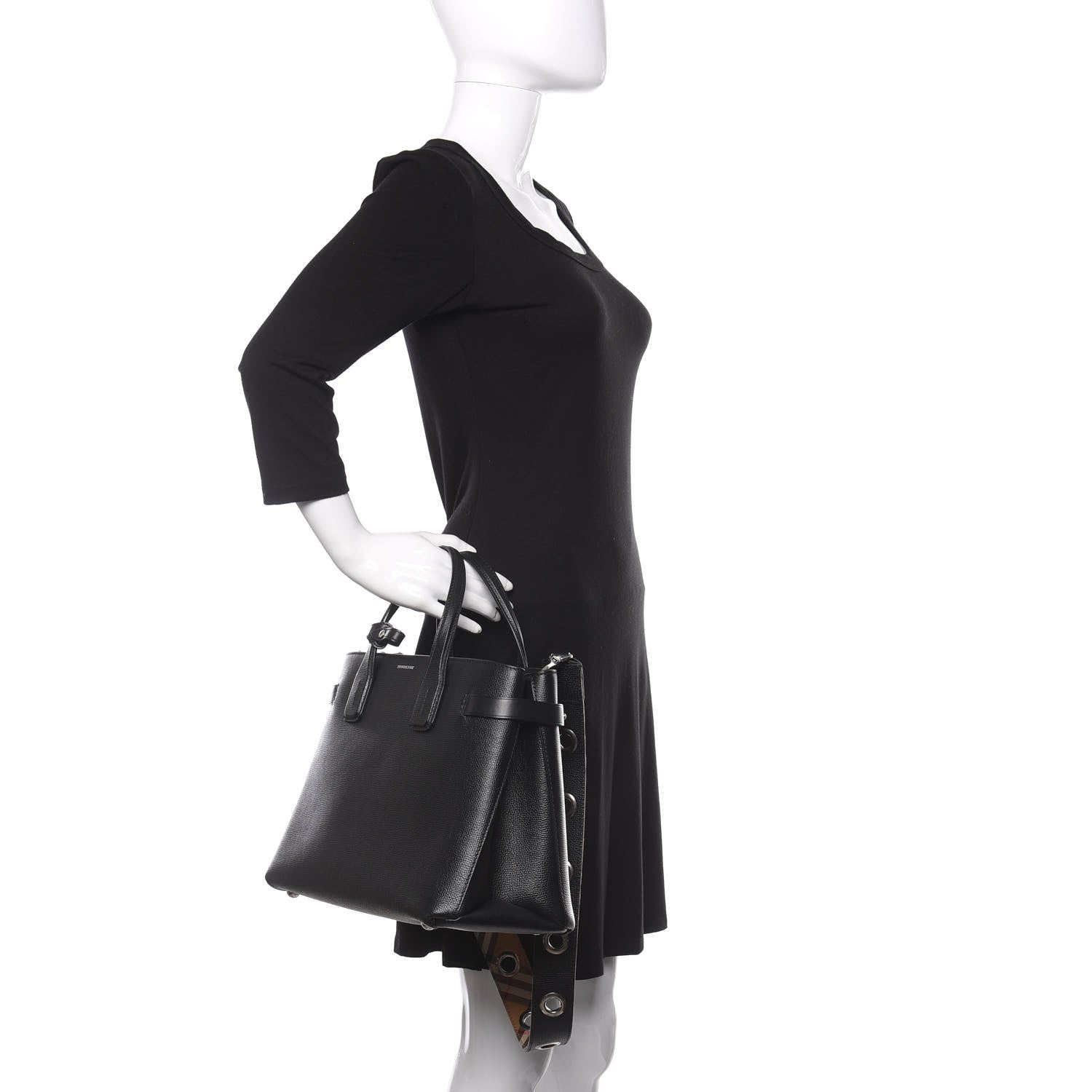 Burberry Grainy Calfskin House Check Medium Banner Tote Black 3 of 12