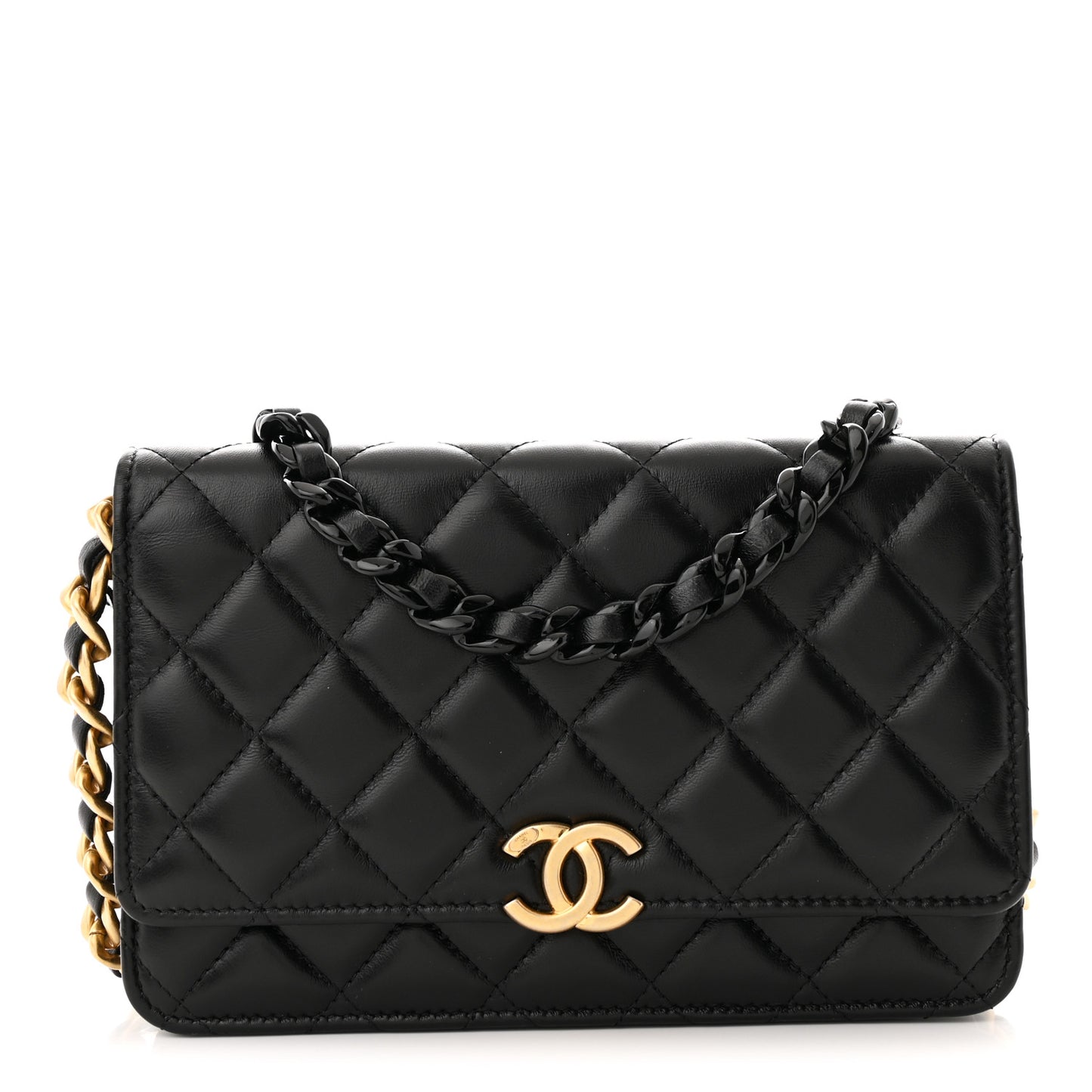 Lambskin Resin Quilted Wallet On Chain WOC Black