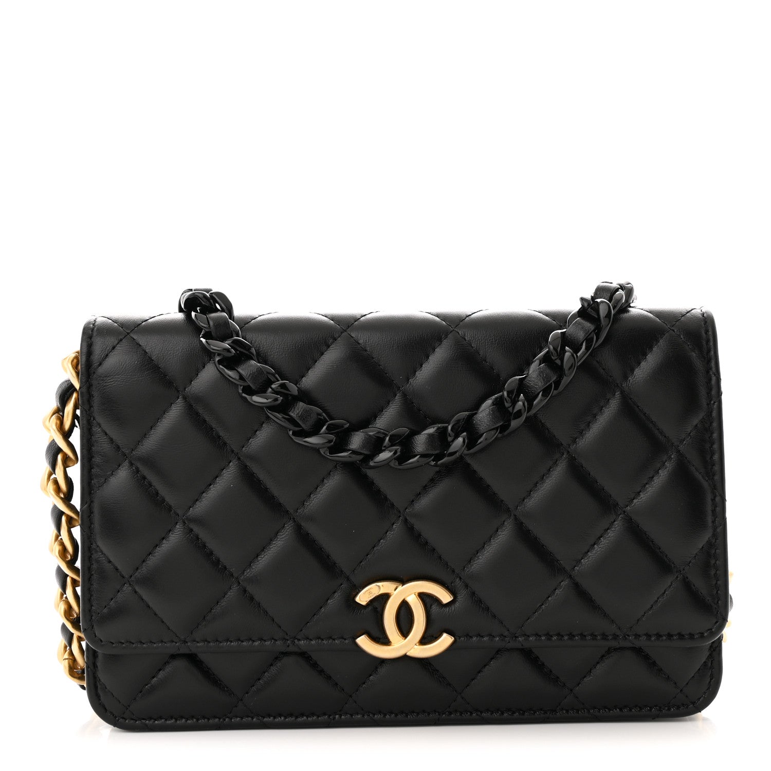 Chanel Lambskin Resin Quilted Wallet On Chain WOC Black 1 of 12