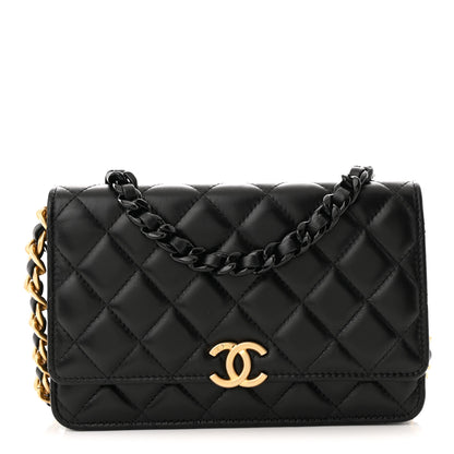 Chanel Lambskin Resin Quilted Wallet On Chain WOC Black 1 of 12