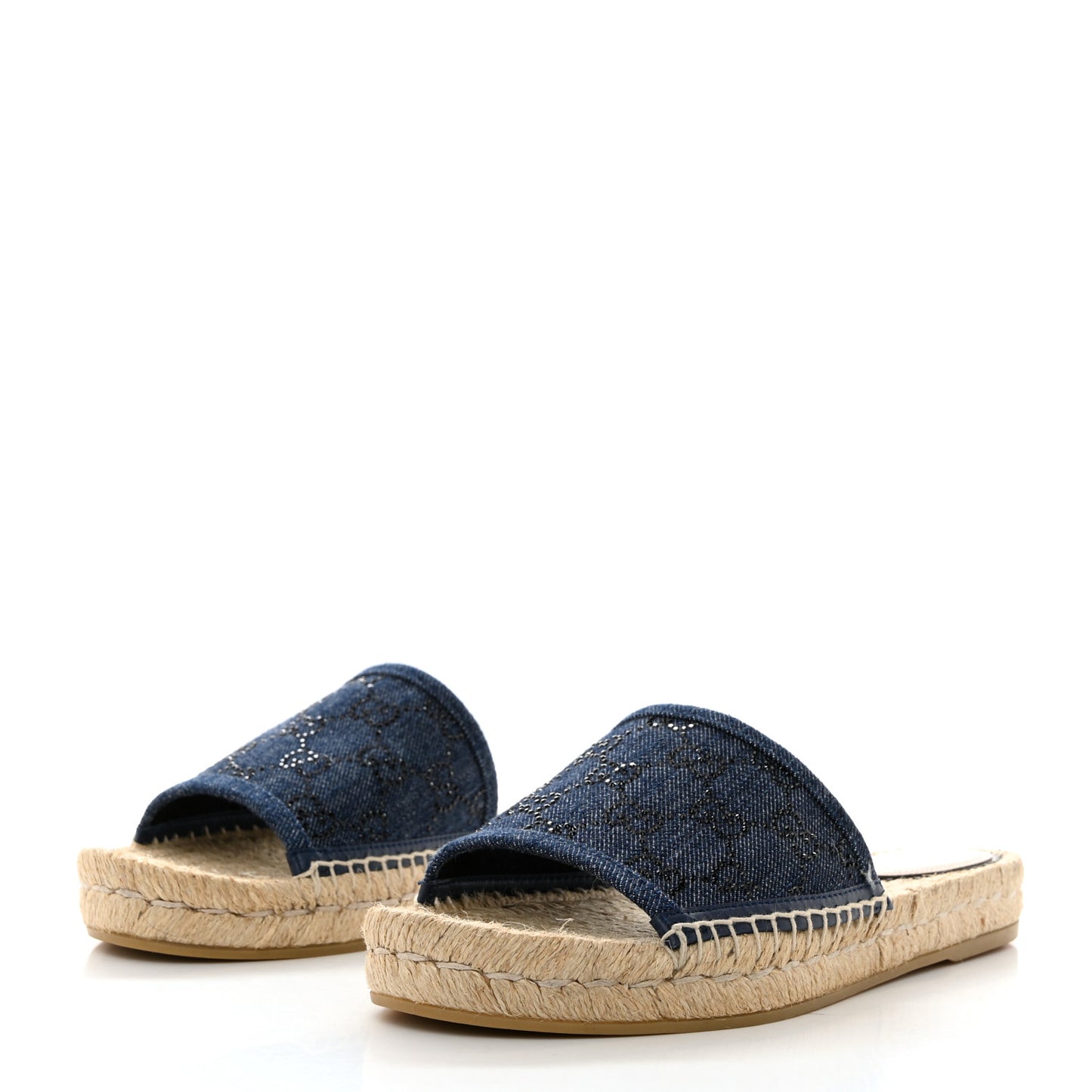 Denim Crystals GG Monogram Espadrille 20mm Slide Sandals 39 Denim