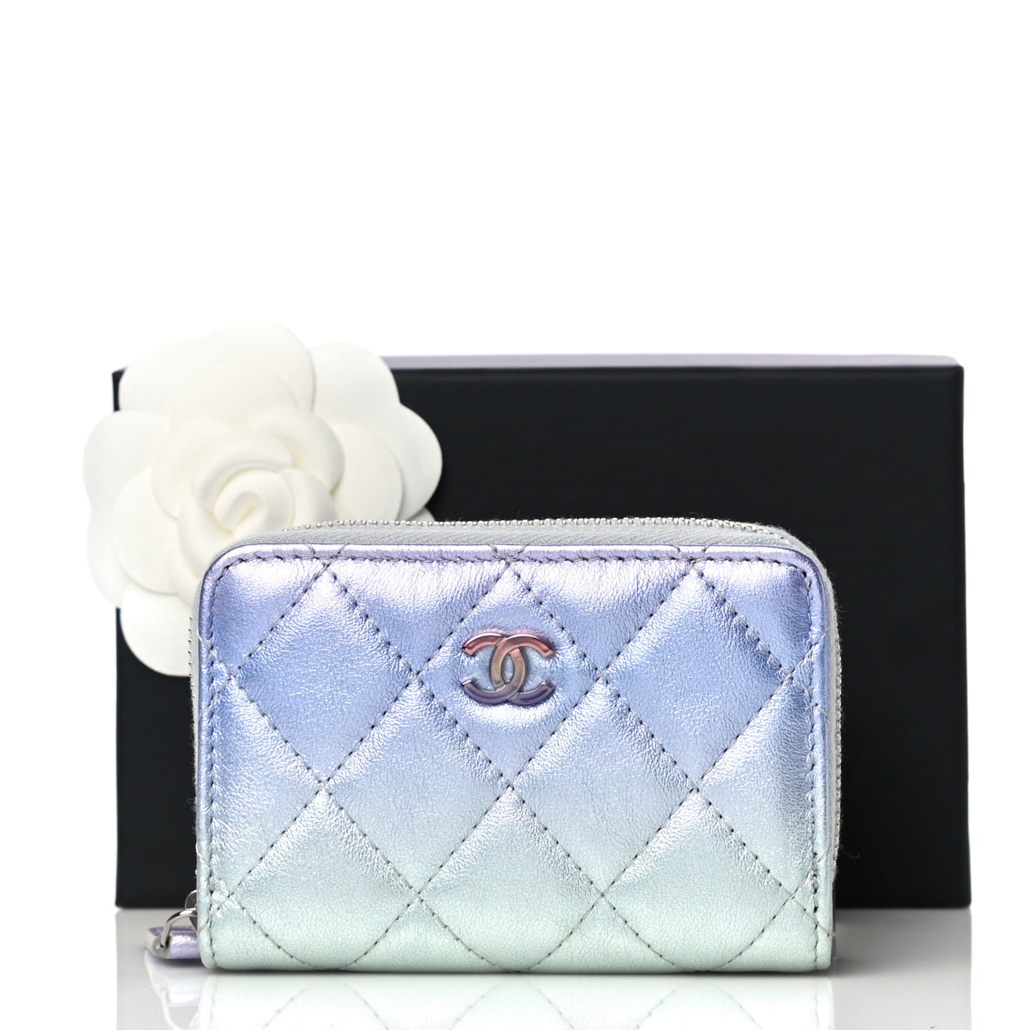 Gradient Metallic Calfskin Quilted Zip Around Coin Purse Wallet Silver Blue Yellow Purple